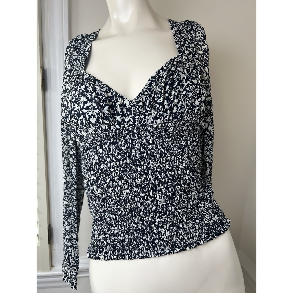 Reformation Medium Russet Long Sleeve Tie Back Blouse Smocked Suisse Blue Floral